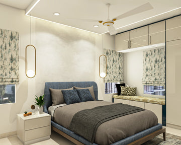 Contemporary Compact Master Bedroom Design with Blue Upholstery